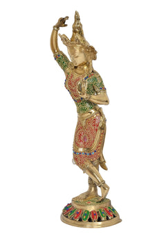 Side view Tara Devi brass dancer statue with raised hands and jeweled belt