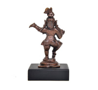 Copper Bal Krishna dancing figurine statue, three-quarter view, 4 inch on black base