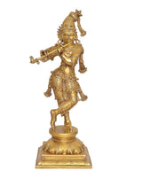 Brass Krishna flute-playing idol statue on base, full standing view