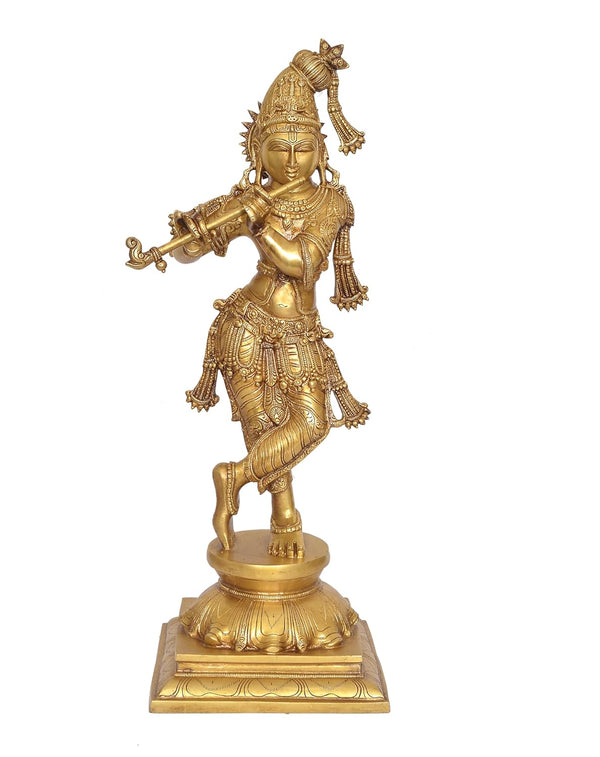 Brass Krishna Playing Flute Idol Statue Sculpture for Home Mandir Pooja Decor Temple Gift (Height 23 inch) Entryway Setting