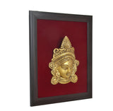 Brass Maa Durga face idol relief with detailed crown in dark frame