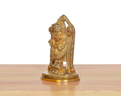 Brass Lord Tirupati Bala Ji idol side view, ornate frame and patterned base