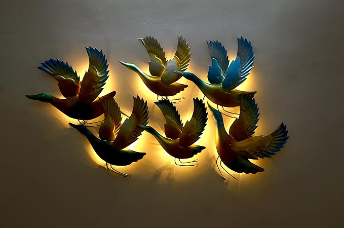 Metal Six Flying Duck Wall Frame With LED Bulb Duck Wall Hanging Decorative Showpiece Home Decor Wall Decor Multicolour Height 28 Inches