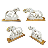 Weiße Polyresin-Elefantenfigur mit Kalb, mehrere Ansichten auf goldenem Sockel
