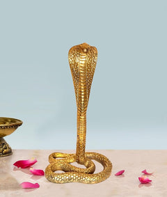 Brass Naag Dev Lord Shiva snake figurine with upright cobra hood and coiled base