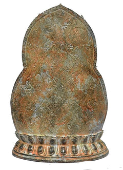 Resin Buddha idol rear view, intricate etched pattern on halo, decorative base, 31 cm