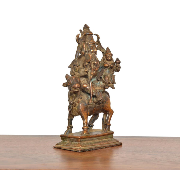Copper Lord Shiva Parvati Sitting on Nandi Idol Statue (Height 4.5 Inch) Study Setting