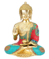 Brass Buddha figurine, seated with hand raised; teal and red mosaic robe, 12 in