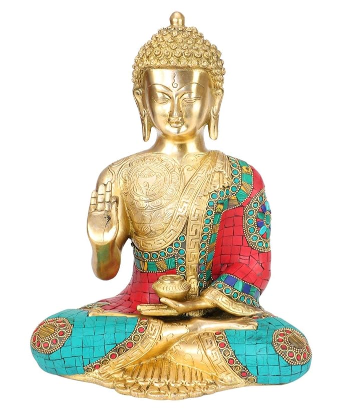 Brass Buddha with beautiful design on chest (Height: 12 inches)