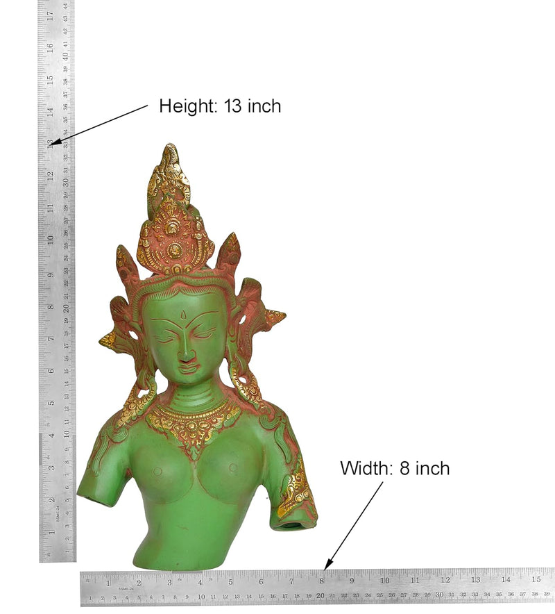 Brass Tara Devi Bust Statue -Meditation Spaces, for Home Decor and Office, or Thoughtful Spiritual Gift. (Height 13 Inch)