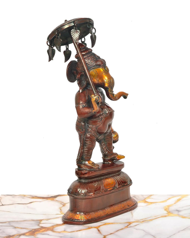 Brass Ganesha Holding Parasol in One Hand Sculpture (Height: 15 Inch)