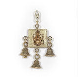 Lakshmi-Ganesh wall hanging with bell charms and engraved square deity panel