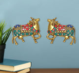 Brass cow pair statue with colorful saddle, 4 inch wall decor