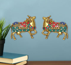 Brass cow pair statue with colorful saddle, 4 inch wall decor