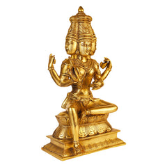 Brass deity statue, seated cross-legged with four-faced headpiece and two raised hands