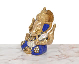 Brass Ganpati Bappa Murti, 6 inch, side view with blue shoulder panels
