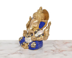 Brass Ganpati Bappa Murti, 6 inch, side view with blue shoulder panels