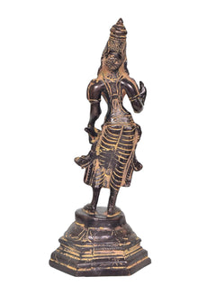Antique brass Devi Uma Parvati statue, back view with crown and draped robe details.