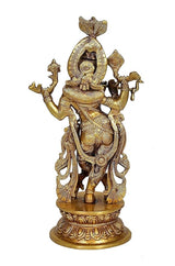 Krishna flute-playing idol, multi-plated golden finish, decorative pedestal, angled view.