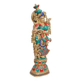 Brass Radha-Krishna figurine, single side view with teal, red stripes, and goldwork