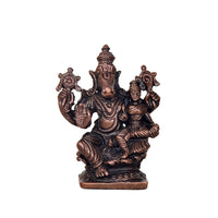 Copper Lakshmi Varaha idol, front view of seated figure with raised hands and attendants