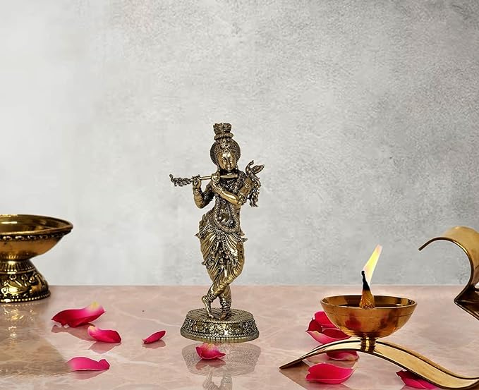 Super Fine Brass Lord Krishna Idol Figurine Sculpture Playing Flute Statue Decorative Showpiece, (Height 6.5 Inch)