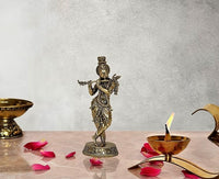 Brass Lord Krishna figurine playing flute, 6.5 in decorative showpiece