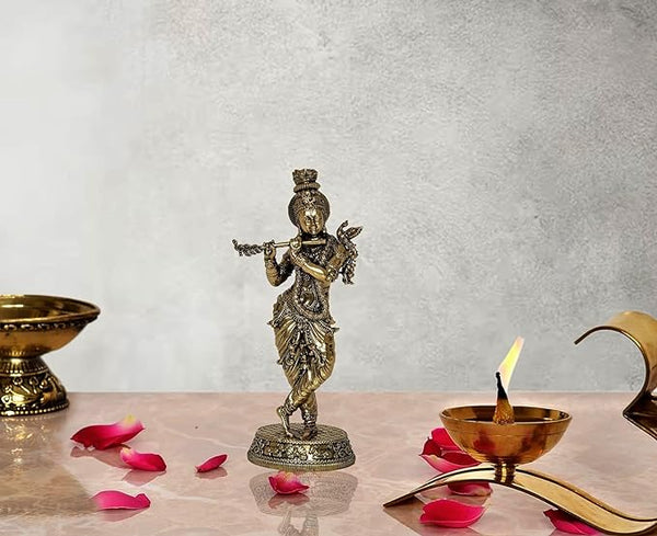 Super Fine Brass Lord Krishna Idol Figurine Sculpture Playing Flute Statue Decorative Showpiece, (Height 5.5 Inch)