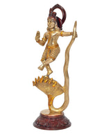 Side view brass Krishna religious statue dancing on multi-hood serpent