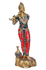 Brass Krishna statue with flute, ornate crown, blue-and-red garb and decorated peacock base