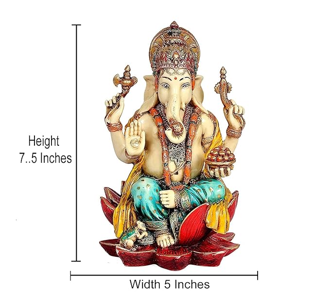 PolyResin Ganesha Statue Idol Murti On Lotus for Temple Home Decor | Height : 7 inches (Orange)