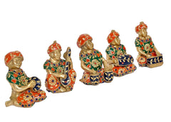 Rajasthani music figurines set, brass seated musicians with red caps and green outfits