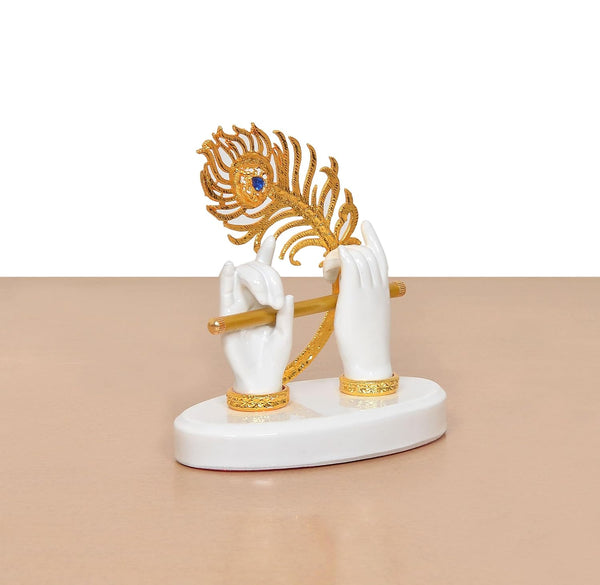 Resin White Krishna Ji Hands with Flute Home Decor (Height: 4 Inch) Study Setting