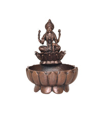 Copper Lakshmi Maa urli bowl, 3-inch height, embossed lotus rim with goddess figurine.