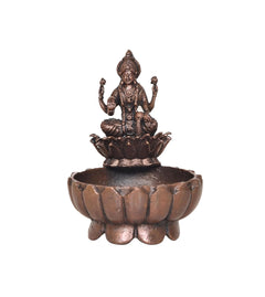 Copper Lakshmi Maa urli bowl, 3-inch height, embossed lotus rim with goddess figurine.