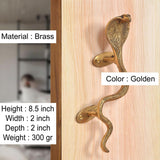 Golden brass snake door handle with two backplates; 8.5 in height