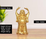 Brass Laughing Buddha statue, golden color, arms up, front view