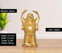 Brass Laughing Buddha statue, golden color, arms up, front view