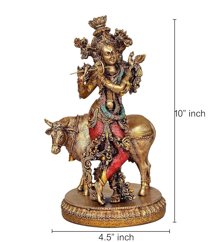 Resin Lord Krishna with Cow Idol Statue | Home Decor | Multicolour | Height 11 Inches