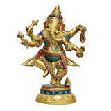 Golden Ganesha idol, six arms extended in dance, jeweled collar and belt ornaments