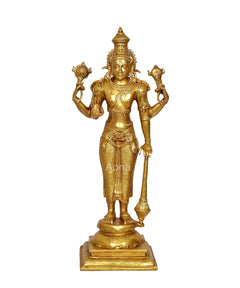 AONA brass standing Vishnu statue with four arms holding symbolic ornaments