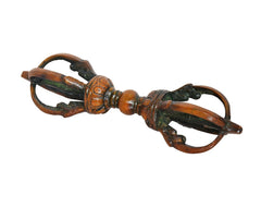 Multicolor brass Tibetan Buddhist small dorje, eight-pronged centerpiece and dark accents