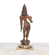 Brass Uma Parvati statue rear/diagonal view, ornate headdress and standing stance