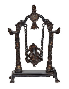 Ganesha brass swing statue idol with four carved pillars, chains, and seated figure