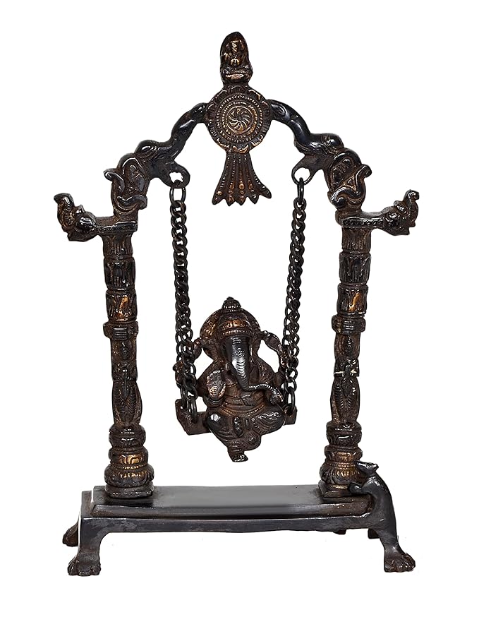 Ganesha Playing On Swing Brass Statue Idol, (Height 9 Inch) Craft Detail