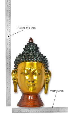 Brass Buddha head wall hanging with height 14.5 inch and width 6 inch measurements