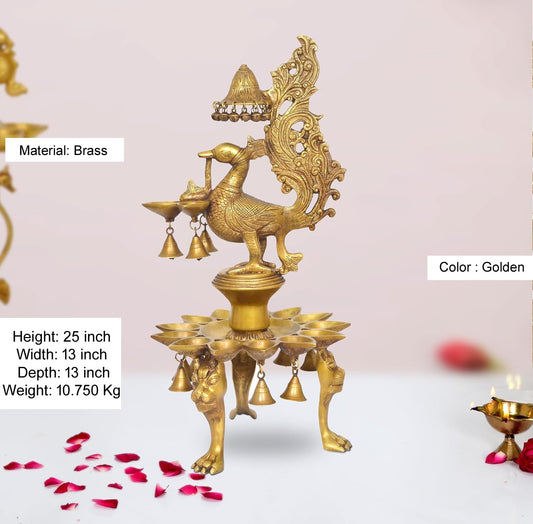 Brass Oil Lamp On Peacock | 15 Diya Stand Showpiece (Height 25 Inches)