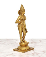 Golden brass Devi Uma Parvati statue, rear three-quarter view on lotus pedestal