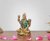 Brass Bholenath Lord figurine, seated pose with teal robe and red trim