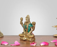 Brass Bholenath Lord figurine, seated pose with teal robe and red trim